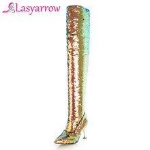 Lasyarrow-Botas Largas de corte Delgado ostentoso para mujer, zapatos botas de vestir doradas y plateadas de tacón alto y fino de Metal 2024 - compra barato