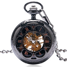 Relógio de bolso mecânico vintage, preto/prata, semicírculo, corrente de vento de mão, luxuoso, steampunk, mulheres, homens, presentes 2024 - compre barato