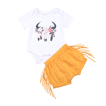 Топы с рисунком оленя для новорожденных девочек; комбинезон с короткими рукавами + брюки с бахромой; шорты; одежда для детей от 0 до 24 месяцев; sunsuit; одежда 2024 - купить недорого