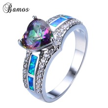 Bamos Rainbow Heart Cubic Zirconia Promise Ring Blue Fire Opal Jewelry White Gold Filled Engagement Ring Wedding Bands For Women 2024 - buy cheap