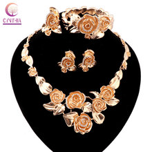 Conjuntos de jóias de flor de rosa de ouro feminino na moda colar brincos de declaração pulseira anel para festa de casamento vendas exclusivas 2024 - compre barato