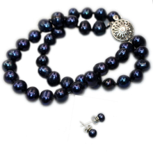 Verdadeiro Natural de Água Doce Pérola Beads Jewelry Set Moda 7-8mm Preto 2 Linhas Pulseira Brincos Para As Mulheres de Casamento 7.5 inch presente B3024 2024 - compre barato