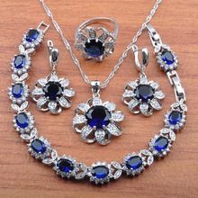 Bridal jewelry set  blue crystal zirconia silver color wedding  jewelry earrings ring necklace set for evening dress JS0351 2024 - buy cheap