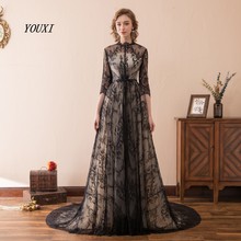 Vestidos de Noche de encaje negro elegante 2019 cuello redondo mangas tres cuartos hasta el suelo tren de barrido Formal vestidos de graduación 2024 - compra barato