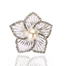 2.2" Large Sparkly Silver Tone Cream Pearl and Rhinestone Crystal Diamante Star Flower Brooch 2024 - buy cheap
