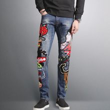Новые модные мужские и женские джинсы с принтом, мужские облегающие прямые синие длинные джинсы, высококачественные дизайнерские штаны для ночных клубов, Размеры 29-38 2024 - купить недорого