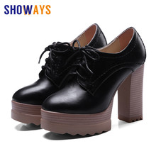 British Women Platform Pumps PU Leather Painted Round Toe Chunky High Heel Derby Brogues Retro Casual Lady Lace-up Dress Oxford 2024 - buy cheap