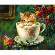 5D diamond painting Teacup kitten,full square round diamond embroidery full display mosaic cross stitch needlework home decor 2024 - buy cheap
