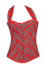 Women's Red Plaid Overbust Straps Corset Waist Cincher Outwear Halter Bustier with G-string Plus Size S-2XL 2024 - buy cheap