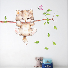 Gato bonito pendurado na árvore ramo adesivos de parede para decoração de casa diy dos desenhos animados animais arte mural crianças decalques de parede 2024 - compre barato