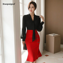 2 Piece Set Plus Size Autumn Women Black Full Lantern Sleeve V-neck Ribbons Elegant Party Top and Red Knee-length Mermaid Skirt 2024 - buy cheap