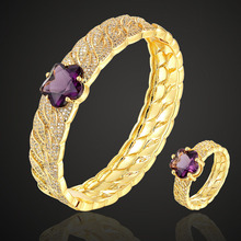 Zlxgirl brand AAA purple cubic zircon flower bangle with ring jewelry set fashion women size copper pave setting bracelet sets 2024 - buy cheap