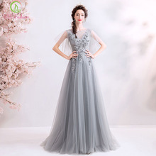 SSYFashion New Elegant Grey Long Evening Dress Lace Flower Appliques Beading Floor-length Formal Dress Prom Gowns Robe De Soiree 2024 - buy cheap