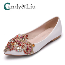 Red Crystal Flower Flats Pointed Toe Slip-on Rhinestone Women Boat Shoes Shallow Large Size for Casual Wedding Pregnant Bridal 2024 - buy cheap