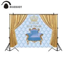 Allenjoy baby shower backdrop welcome prince blue headboard tuft golden curtain crown children birthday party background banner 2024 - buy cheap