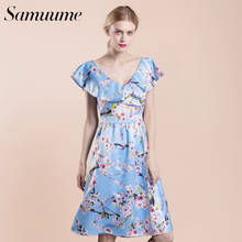 Samuume Summer Elegant Plum Floral Print Tank Dress Women 2017 Big V-Neck backless High Waist Pleated Dress Vestidos A1703082 2024 - buy cheap