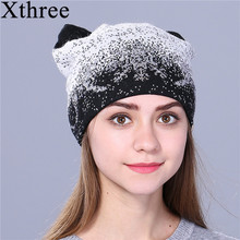 Xthree Cute Kitty Winter Hat for Women Rabbit Fur Wool Knitted Hat Beanies Hat Feminino Hat for Girl 2024 - buy cheap