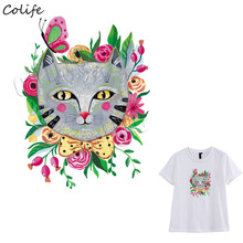 Flower Cat Animal Patches Iron-on Transfers Cute Applique For DIY Clothes Accessory Washable Thermal Cool Stickers On Clothes 2024 - buy cheap