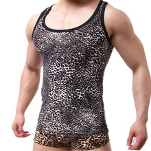 Camiseta com estampa de leopardo para homens, camisa sexy sem mangas brilhante com gola em o, camisa justa e justa 2024 - compre barato