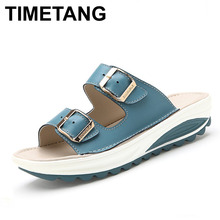 TIMETANG-Sandalias de verano para mujeres, zapatos de cuña con plataforma de cuero genuino, con punta abierta, informales 2024 - compra barato