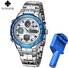 WWOOR-reloj deportivo de cuarzo para hombre, cronógrafo de pulsera con pantalla Dual, alarma, LED azul, resistente al agua, calendario semanal 2024 - compra barato