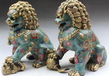 8" Chinese Palace Bronze Gilt Cloisonne Enamel Foo Fu Dog Lion Dragon Kylin Pair 2024 - buy cheap