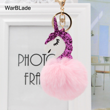 WarBLade Fluffy Unicorn Keychain Pompom Artificial Rabbit Fur Key Chain Women Bag Car Key Ring Hang Bag Keyring llavero mujer 2024 - buy cheap