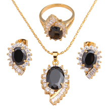 Conjunto de joias fashion, preto, onix, zircônia, incrustação, tom de ouro, excelente colar, anel de tamanho #6 #7 #8 #9 #10 js569a 2024 - compre barato