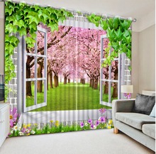 Занавески 3D с принтом, затемняющие шторы для гостиной, постельное белье, занавески, котины, с цветами вишни, на стену, снаружи окна с зелеными листьями 2024 - купить недорого