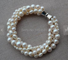 Joyería de perlas al por mayor, pulsera de dama de honor de boda, pulsera de perlas de agua dulce genuinas blancas de 3-8mm, 4 filas, cierre magnético 2024 - compra barato