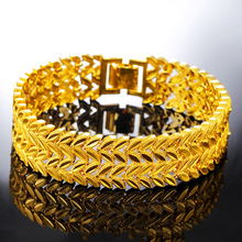 Thick Mens Bracelet Band Yellow Gold Filled Trendy Hip Hop Wrist Chain Brackelts Double Leafs Design 2024 - buy cheap