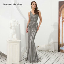 Luxury Grey Mermaid V Neck Tank Crystal Evening Dresses 2019 Formal Women Long Party Prom Gowns vestidos de fiesta de noche 2024 - buy cheap