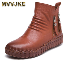 MVVJKE  Genuine Leather Short Boots Plus Velet Winter Women's Shoes Handmade Sewing Soft Outsole Lazy Shoes Maternity Shoes Flat 2024 - buy cheap