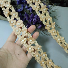 2 yard Gold Rhinestones Pearl Heart Embroidered Lace Flower Trim Ribbon Applique Fabric Handmade DIY Wedding Dress Sewing Craft 2024 - buy cheap