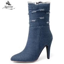 Sgesvier Large Size 28-52 Mid-Calf Boots Women High Heel Shoes Half Denim Boots Pointed Toe Heel Botas Woman Fashion Shoes OX744 2024 - buy cheap