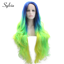 Cindy-pelucas frontales de encaje sintético para mujer, pelo de fibra resistente al calor, color azul, verde, amarillo, ombré, onda Natural, 180% de densidad 2024 - compra barato