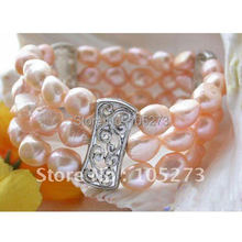 Stretch 3Row AA 8-12MM Pink Color Baroque Shaper Genuine Freshwater Pearl Bracelet 8inchs Pearl Jewelry New Free Shipping FN1656 2024 - buy cheap