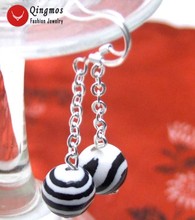 Qingmos Black Natural Agates Earrings for Women with 10mm Zebra Stripe Round Agates Dangle Silver Earring Hook Jewelry Ear321 2024 - buy cheap
