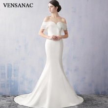 VENSANAC 2018 Pleat Boat Neck Satin Sweep Train Mermaid Wedding Dresses Off The Shoulder Backless Bridal Gowns 2024 - buy cheap