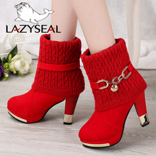 LazySeal New Thin Heels Boots Winter Shoes Warm Fur Snow Boots Womens Round Toe Slip-on Mid-calf Boots Women Shoes With Diamonds 2024 - buy cheap