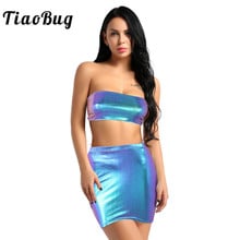 TiaoBug Women Faux Leather Shiny Holographic Metallic Crop Top with Mini Bodycon Skirt Club Rave Party Sexy Stage Costume Set 2024 - buy cheap