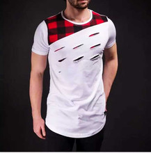 New 2019 Mens Ripped Hip Hop Tee Shirts Plaid Patchwork Distressed Streetwear Extended T Shirt Summer Longline Tshirt 2024 - buy cheap