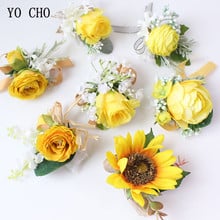 YO CHO Silk Rose Bride Boutonnieres and Wrist Corsages Yellow Flowers Sunflowers Bracelet Boutonnieres Marriage Wedding Supplies 2024 - buy cheap