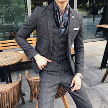 Autumn and winter plaid suit men's British wind wedding wool three sets of Korean Slim thick small suit handsome 2024 - buy cheap