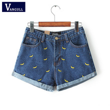 Vangull Fashion Korean Denim Shorts Women Summer Banana Embroidery Jean Shorts Curling Casual Female High Waist Denim Shorts 2024 - buy cheap