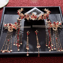 New Chinese red coronet style tiara hair sticks sets Bridal headpiece Wedding hair jewelry 2024 - buy cheap