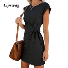 Lipswag XXL Women Elegant Sashes Party Dress Summer Solid Short Sleeve A Line Dresses Female Casual O Neck Mini Dress Vestidos 2024 - buy cheap