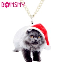Bonsny Acrylic Fluffy Christmas Hat Cat Necklace Pendant Chain Choker Fashion Jewelry For Women Girls Teen Gift Animal Accessory 2024 - buy cheap