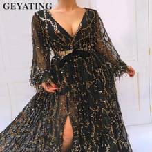 Sexy V-Neck Slit Women Evening Dress with Long Sleeves Gold Belt A-line Formal Black Party Gowns Elegant Long Arabic Prom Dress 2024 - buy cheap