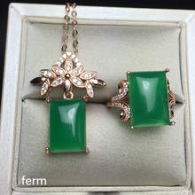Conjunto de joias 925 prata pura com interior verde e natural, calcedônia quadrada, pingente de anel feminino, 2 peças 2024 - compre barato